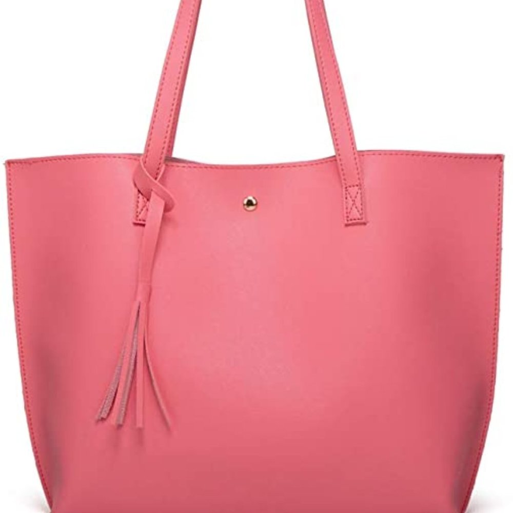 Pink Faux Leather Soft Tote Bag with Tassel